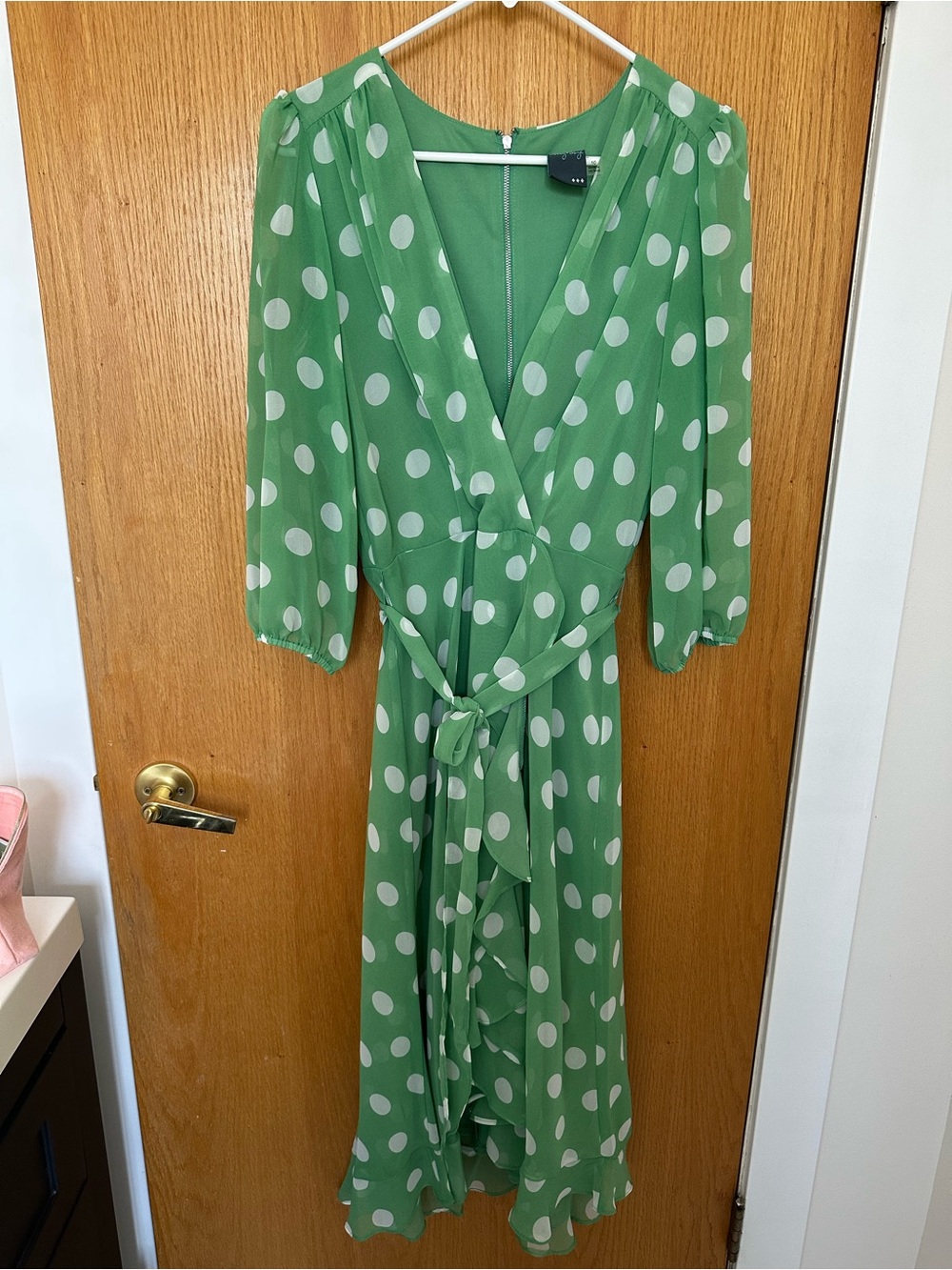 Gabby Skye Green Polka Dot Wrap Midi Dress
